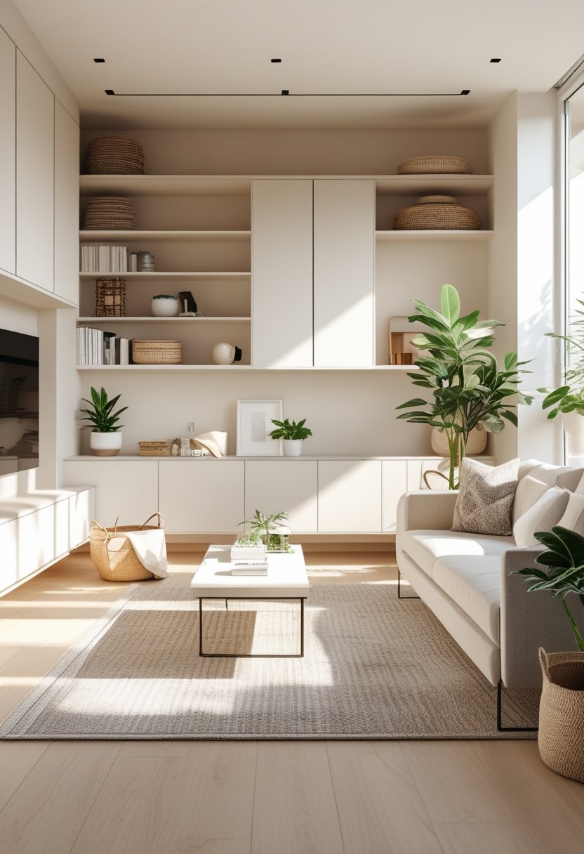 A modern living room with built-in shelves, sleek cabinets, organized decor, and natural light creating a tidy and inviting space.