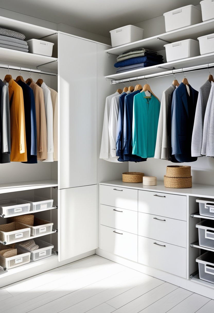 A neatly organized modern closet with clothes hanging on double rods, clear storage bins on shelves, and pull-out drawers, showing an efficient use of space.