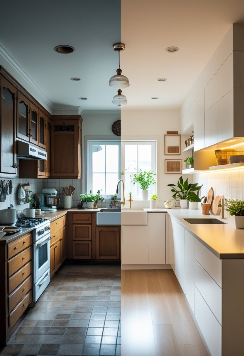 Side-by-side view of a kitchen before and after renovation, showing an old, cluttered kitchen on the left and a bright, modern kitchen on the right.