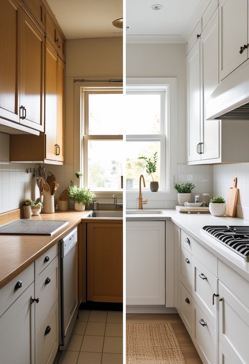 Side-by-side comparison of a kitchen before and after a budget-friendly renovation showing worn cabinets and cluttered surfaces transformed into a bright, organized kitchen with fresh cabinets and improved lighting.