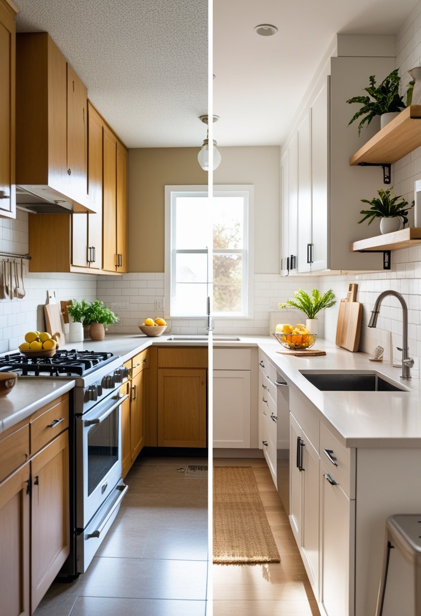 Side-by-side view of a kitchen before and after renovation showing an outdated kitchen on the left and a bright, modern kitchen on the right with new cabinets, countertops, and lighting.