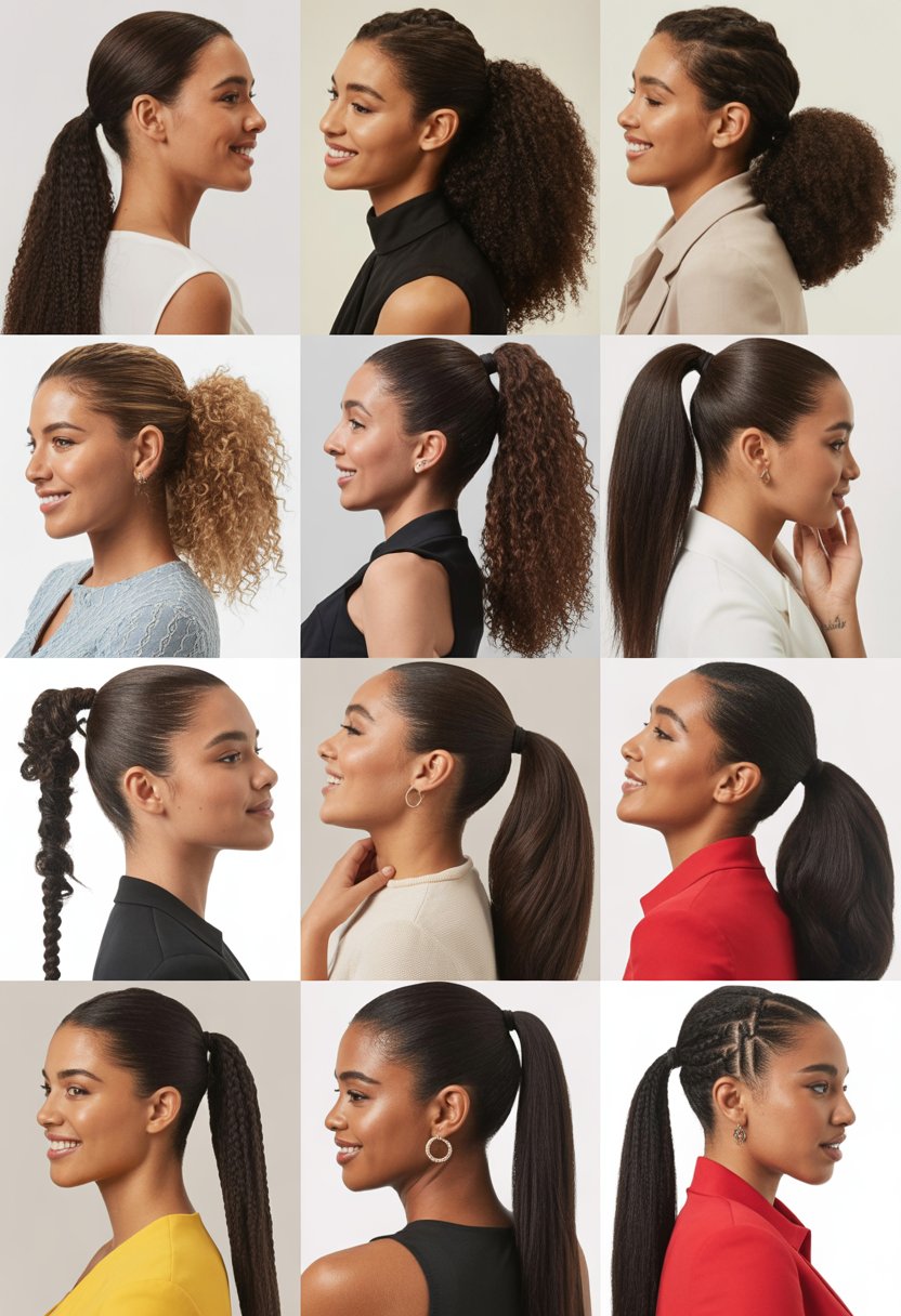 Ten Black women standing together, each with a different ponytail hairstyle, smiling in a studio setting.