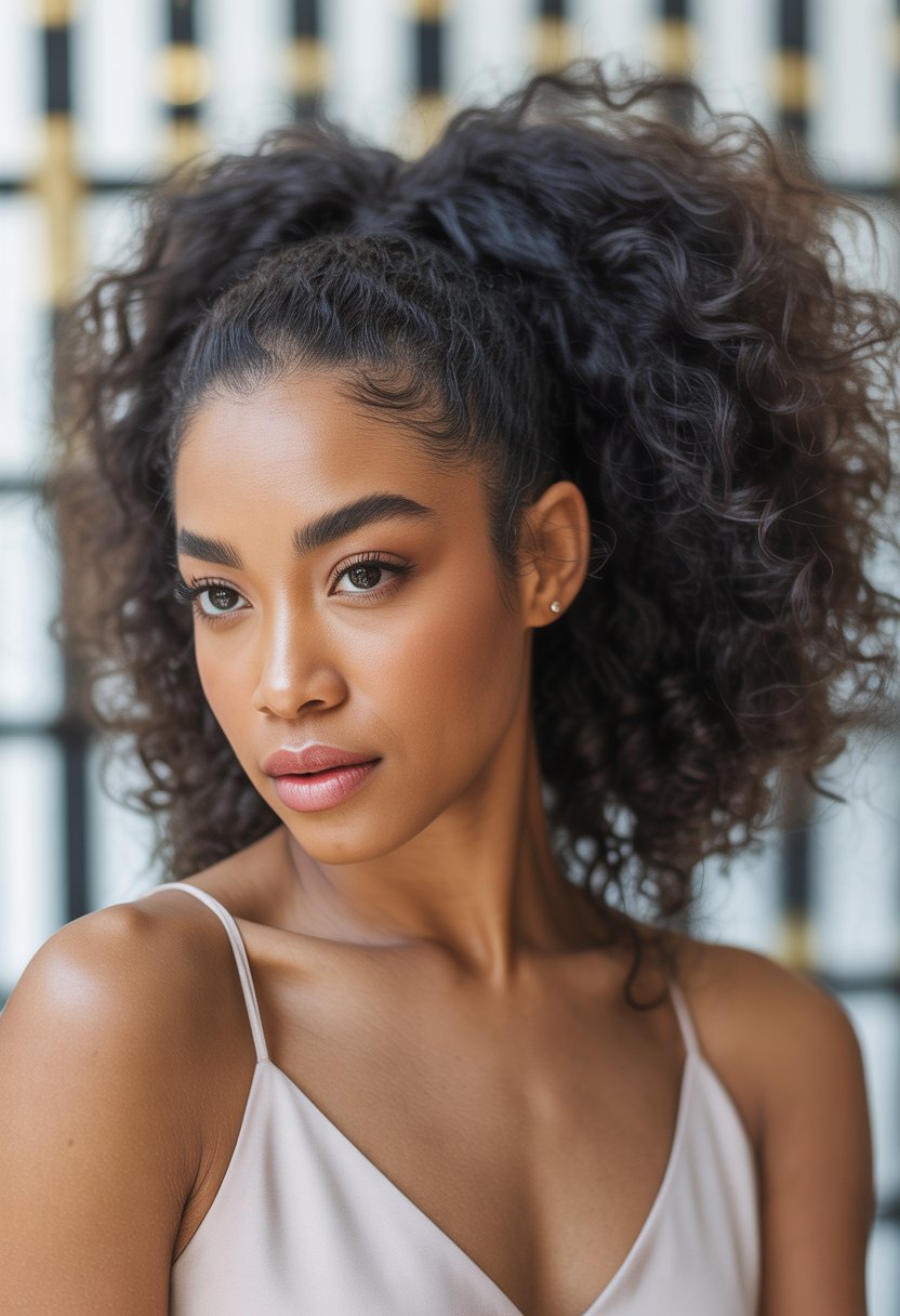 Close-up of a Black woman with a large curly ponytail smiling gently against a blurred neutral background.