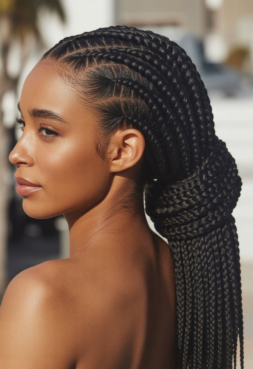 Close-up of a Black woman with a braided wrap ponytail hairstyle, smiling softly against a blurred neutral background.