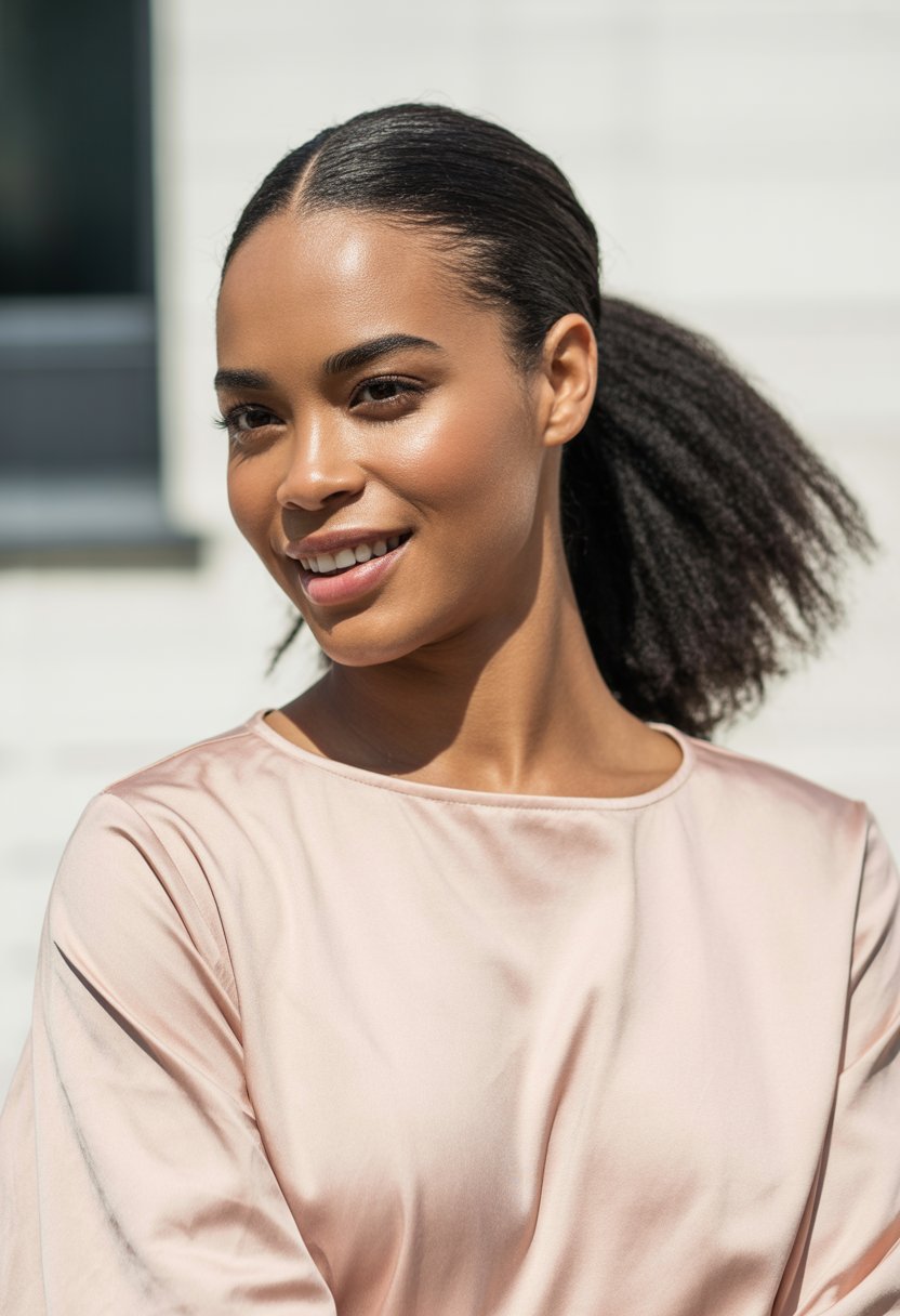 Portrait of a Black woman with a half-up, half-down ponytail smiling against a plain background.