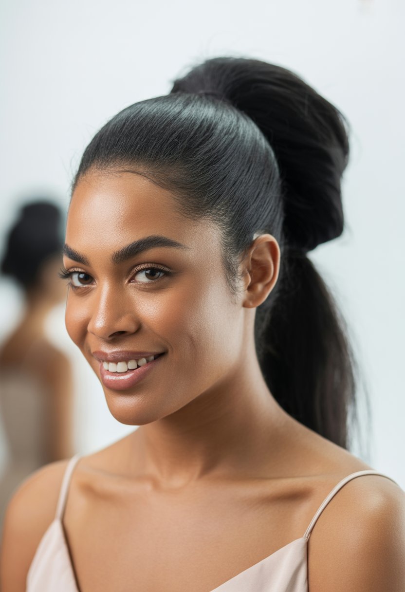 A Black woman with a high ponytail and side part smiling against a neutral background.