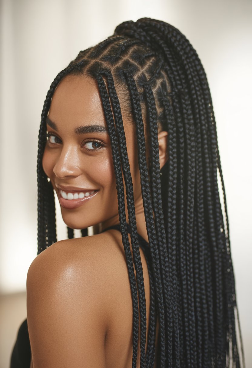 A Black woman with long box braids styled in a high ponytail, smiling softly against a neutral background.