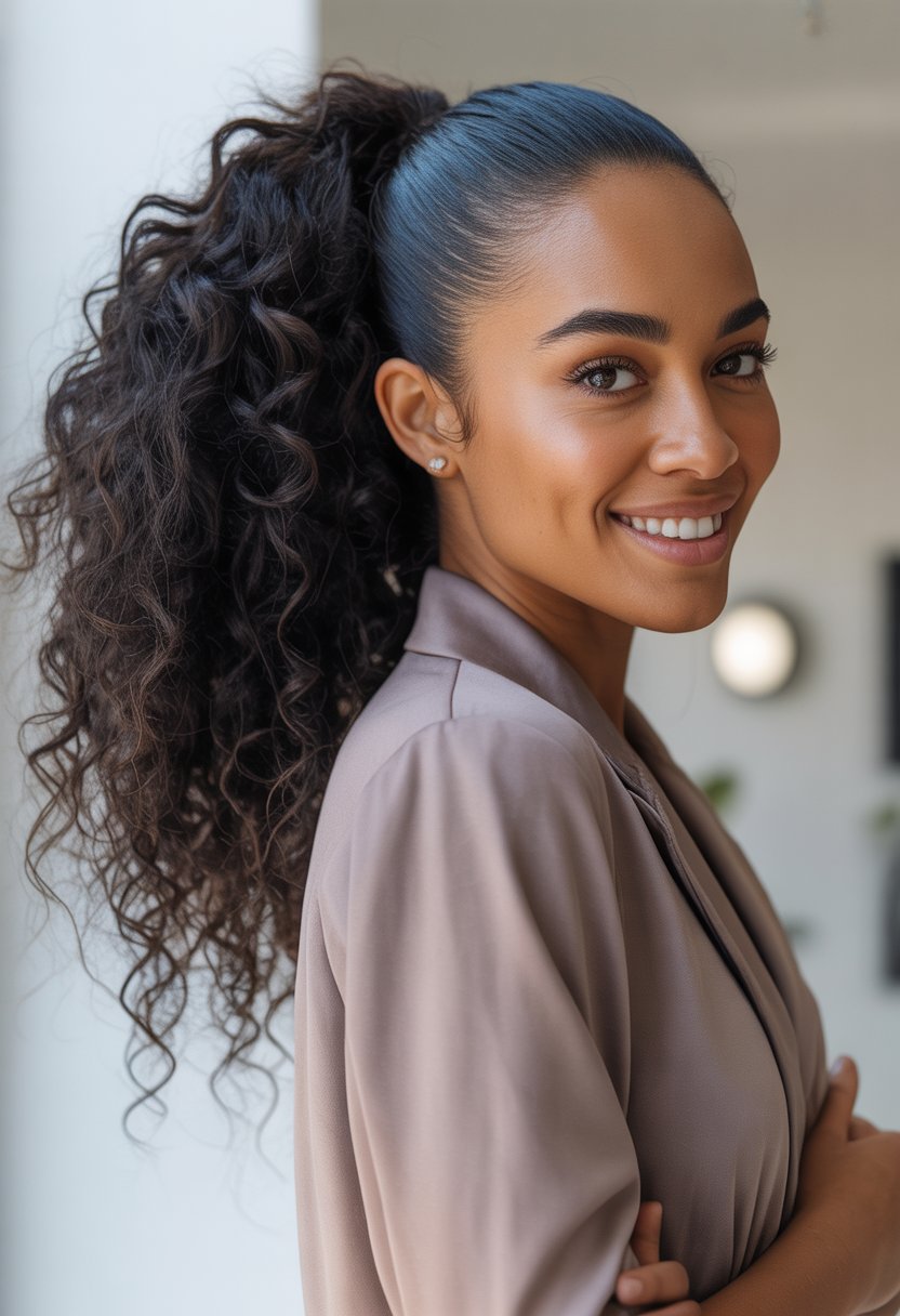 A Black woman with a pulled-back curly ponytail smiling against a neutral background.