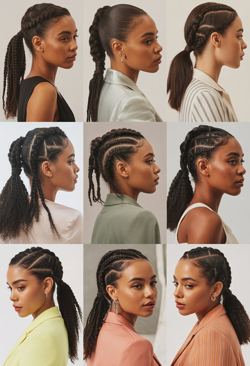A group of ten Black women with different knotted ponytail hairstyles posing in a studio with a plain background.