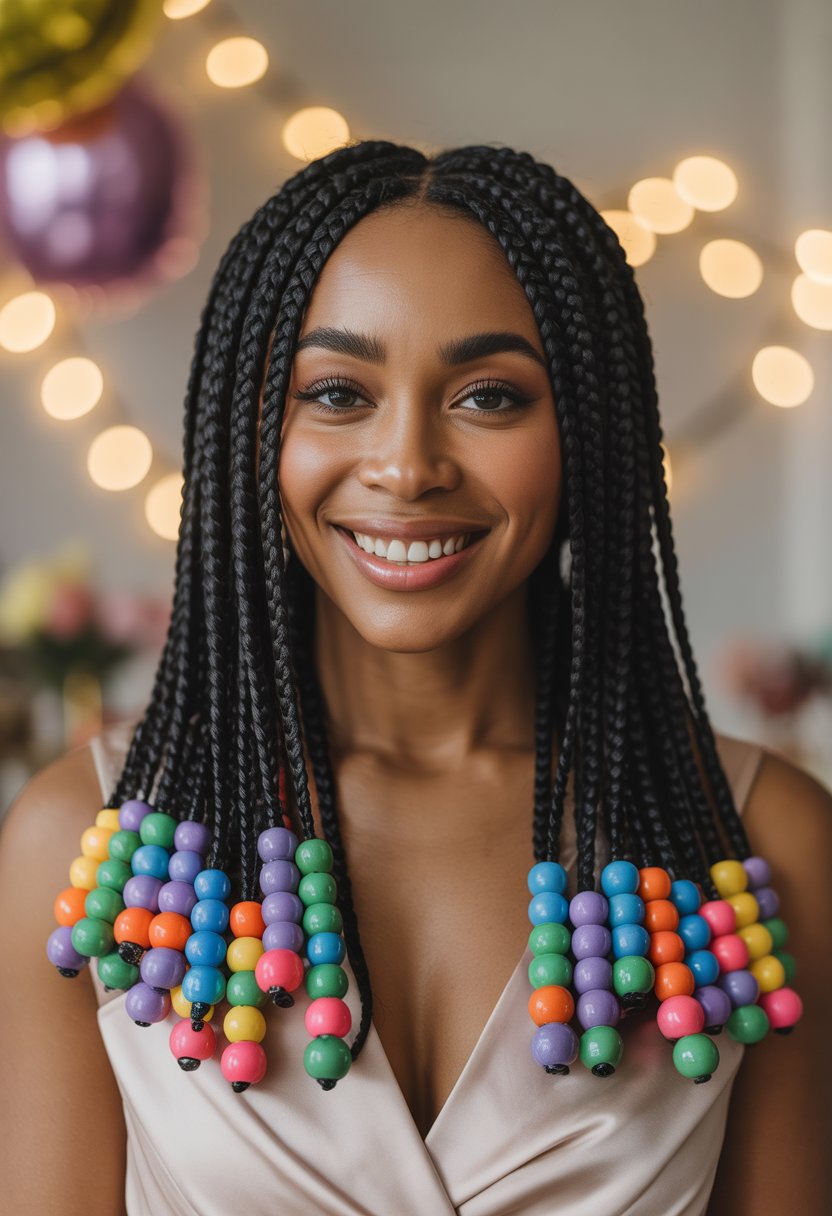 A Black woman smiling with braided hair decorated with beads, celebrating her birthday in a festive setting.