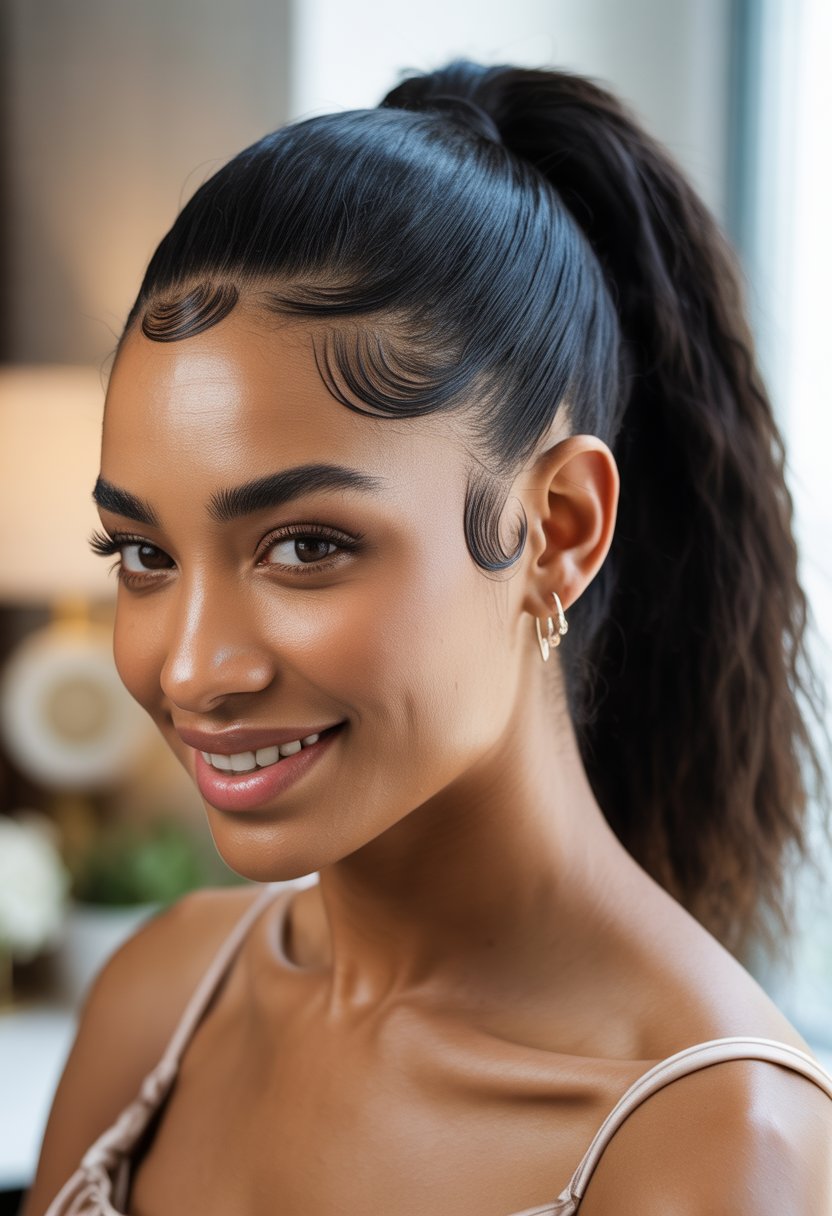 A Black woman with a sleek high ponytail and smooth edges smiling against a blurred neutral background.