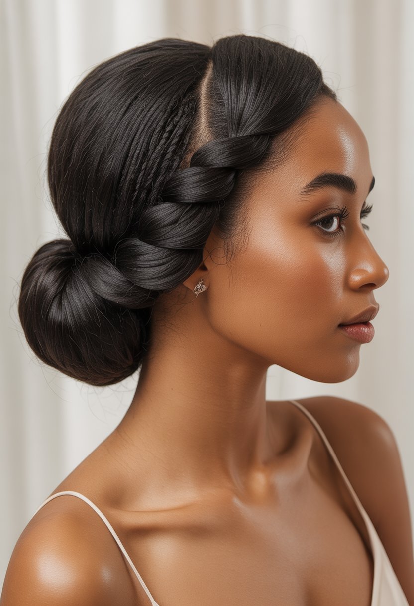 Portrait of a Black woman with her hair styled in a low bun with twists, looking confidently at the camera against a neutral background.