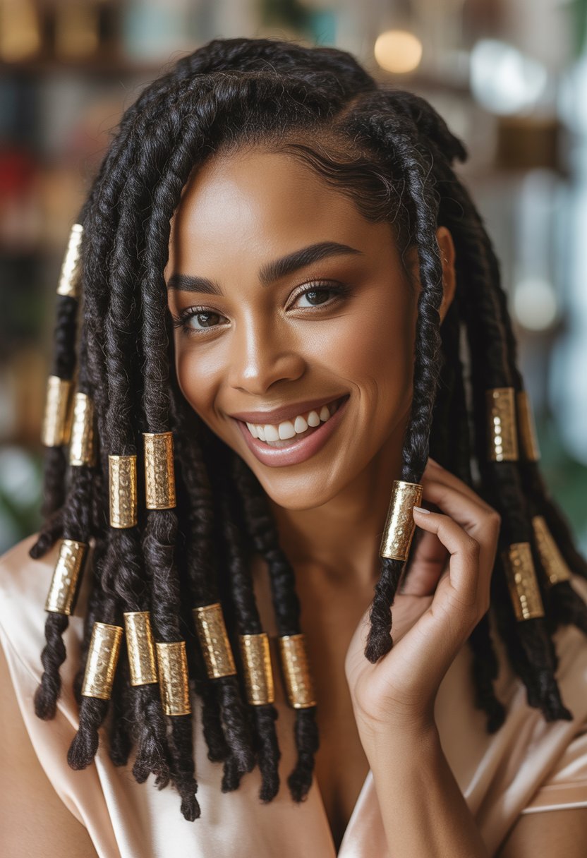 Close-up of a smiling Black woman with long styled hair decorated with gold cuffs, celebrating her birthday.