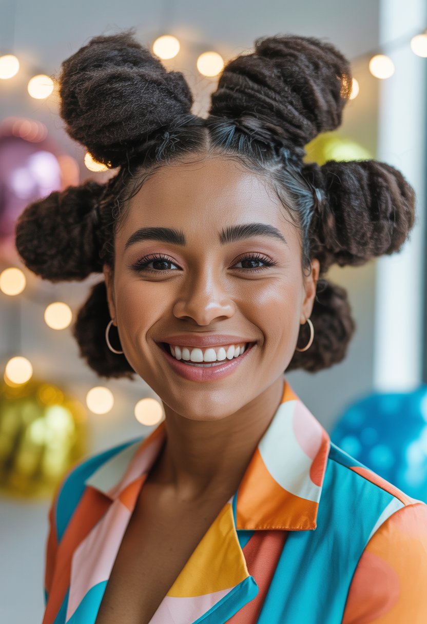 A Black woman with afro-textured hair styled in space buns, smiling in a bright, festive setting.