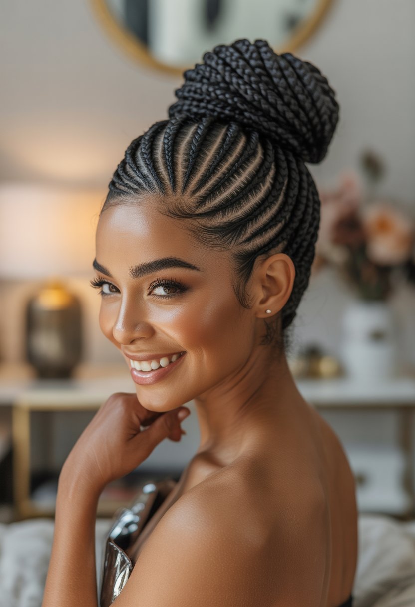 A Black woman smiling with cornrow braids styled into an elegant updo, indoors with soft lighting.