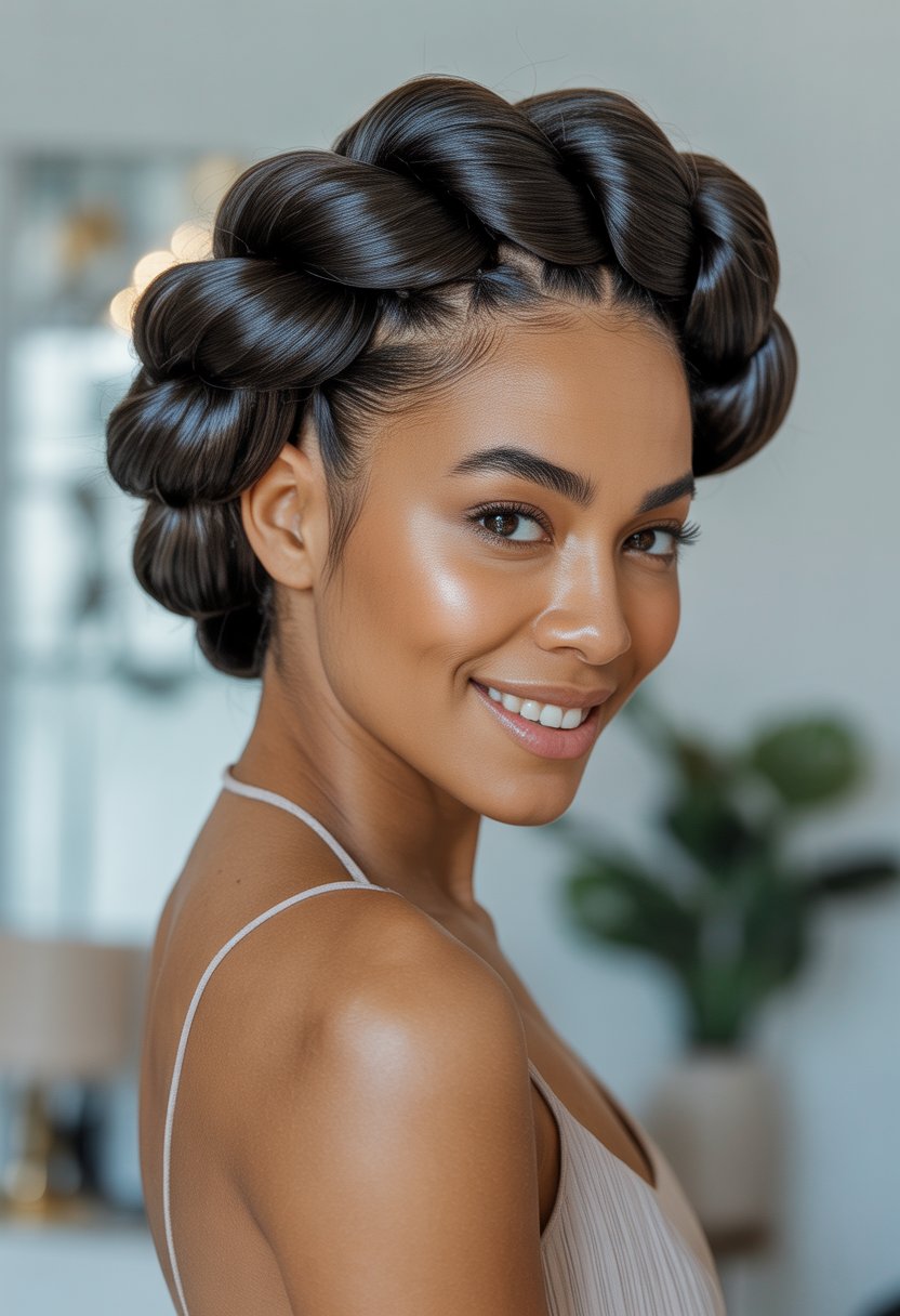 A Black woman smiling with a twisted halo braid crown hairstyle against a neutral background.