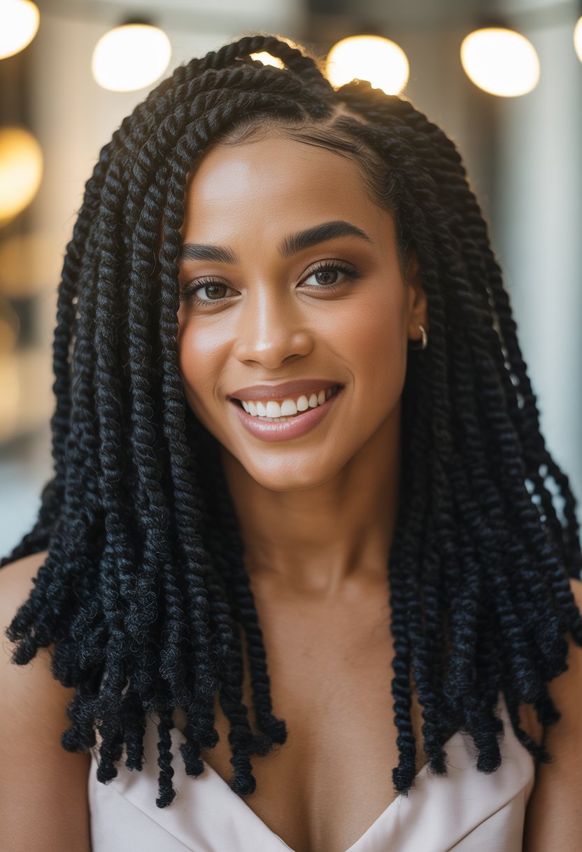 A Black woman smiling at the camera with soft twists parted in the middle, wearing a stylish outfit against a blurred background.