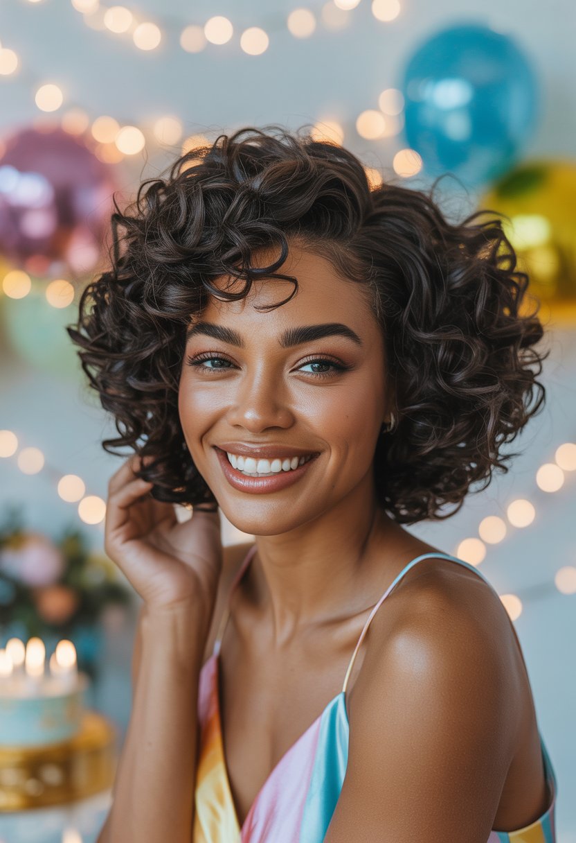 A smiling Black woman with curly hair celebrating her birthday in a festive setting with balloons and lights.