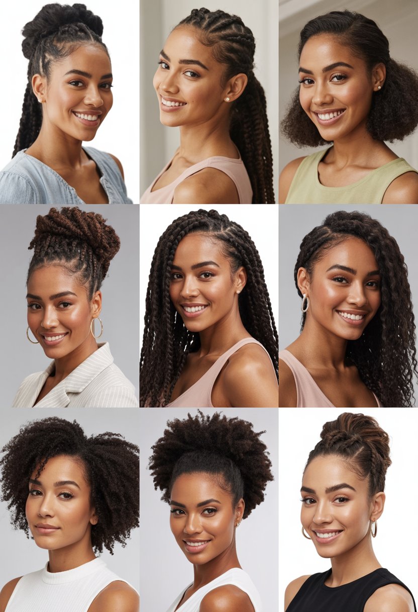 Ten Black women posing with different half up half down hairstyles against a plain background.