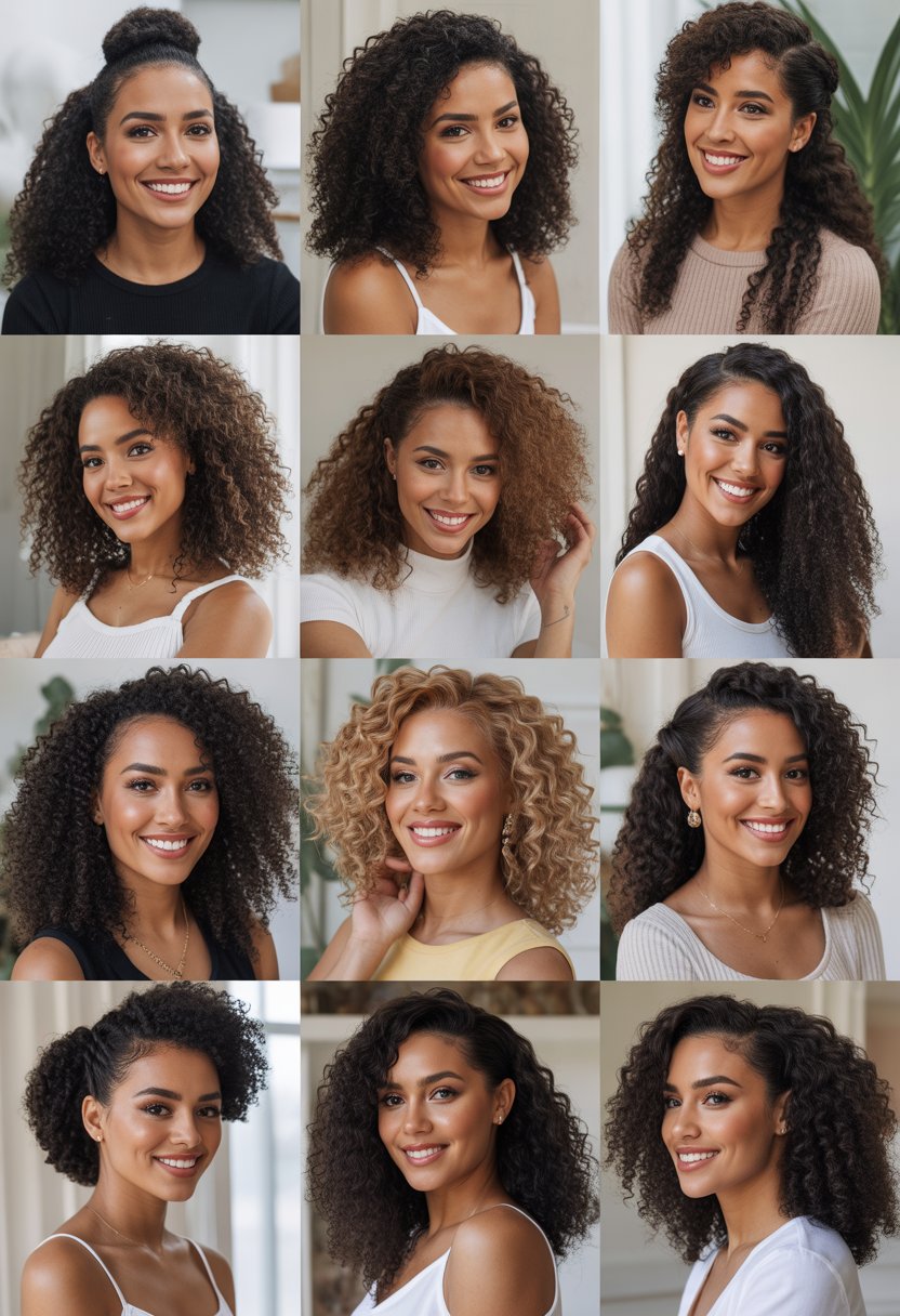 A group of 10 Black women smiling and posing, each with curly hair styled half up and half down.