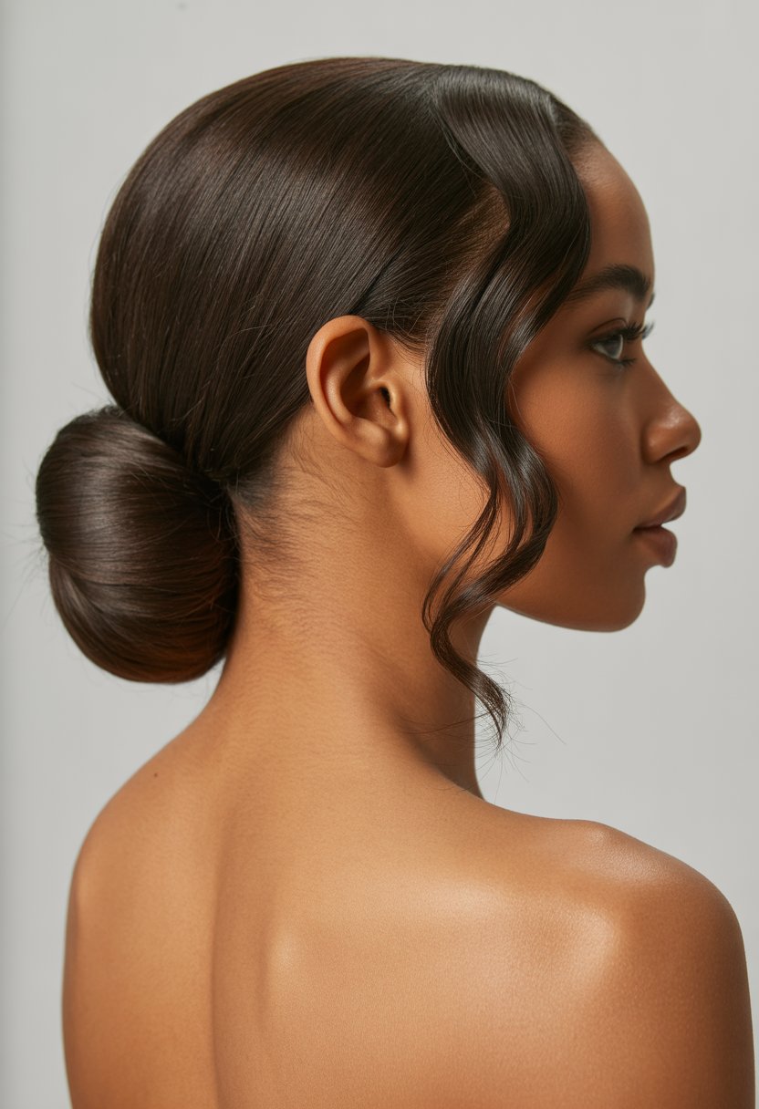Portrait of a Black woman with a low half up half down bun hairstyle, looking confidently at the camera.