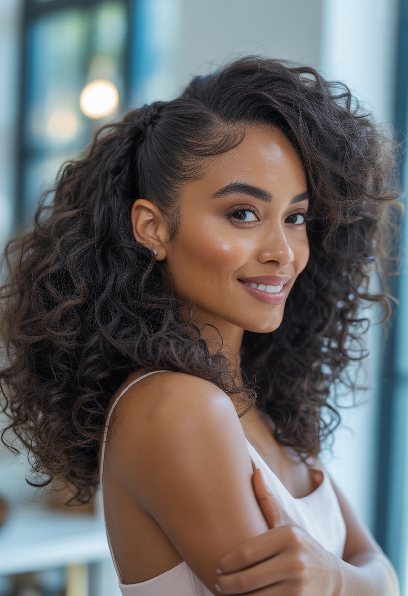 A Black woman with voluminous curls styled half up and half down, smiling softly in a bright, blurred background.