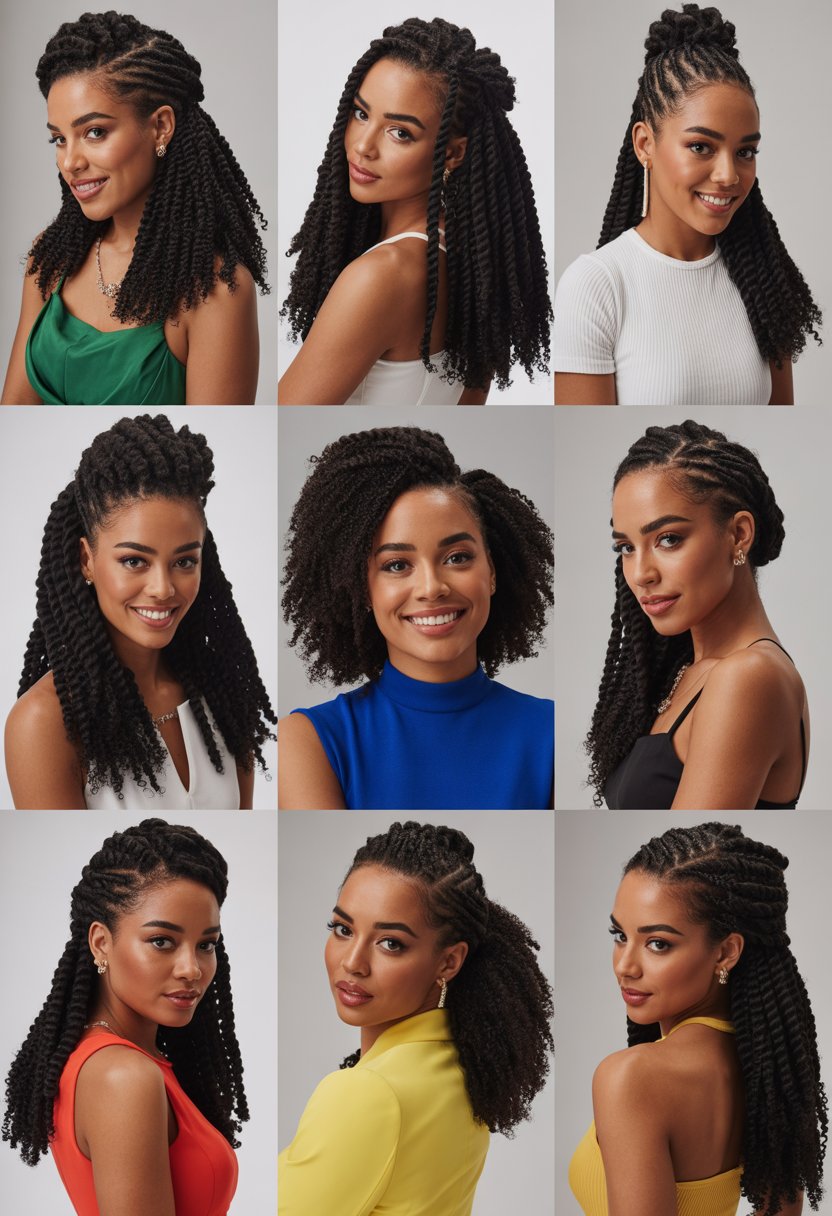 Ten Black women posing together, each with a half up half down hairstyle featuring twists and curls, smiling in a bright studio setting.