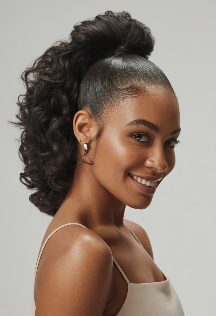 A Black woman with a half up half down hairstyle featuring a high ponytail, smiling in a studio setting with a neutral background.