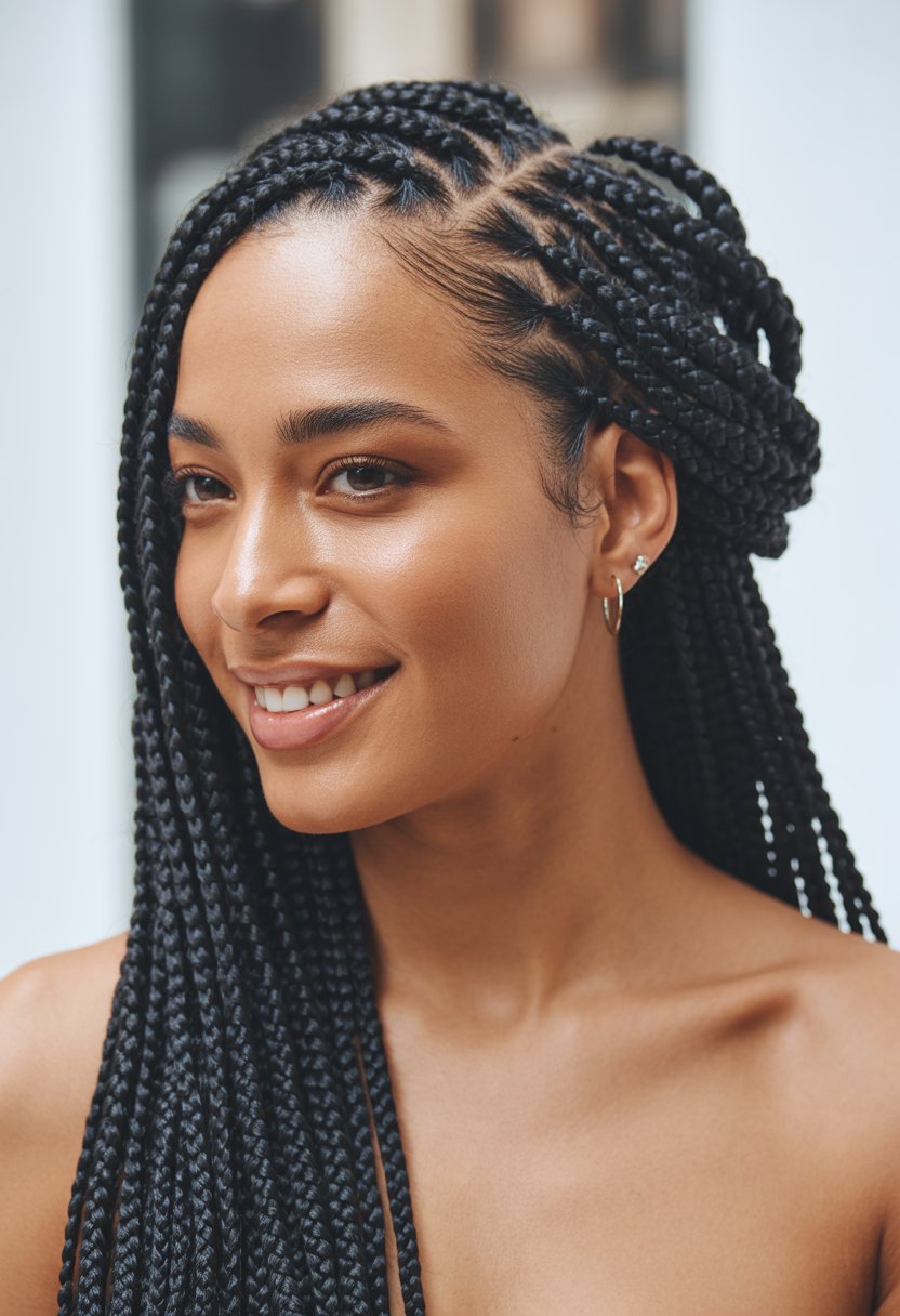 A Black woman with box braids styled half up and half down, smiling against a plain background.