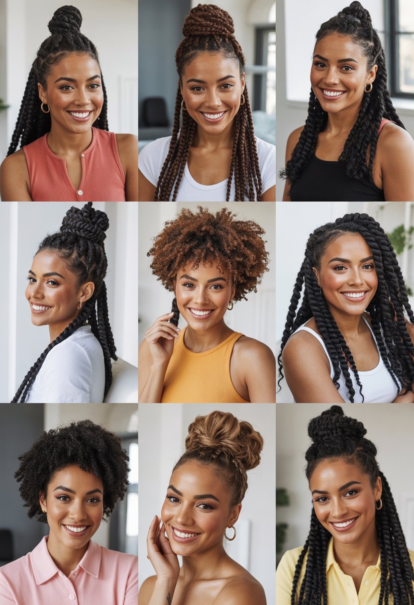 A group of Black women posing together, each with a unique half up half down hairstyle, smiling in a bright studio.