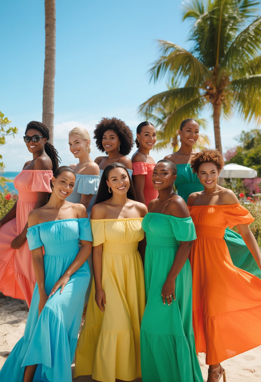 Ten black women wearing colorful off-shoulder sundresses standing outdoors in a tropical setting with palm trees and bright sunlight.