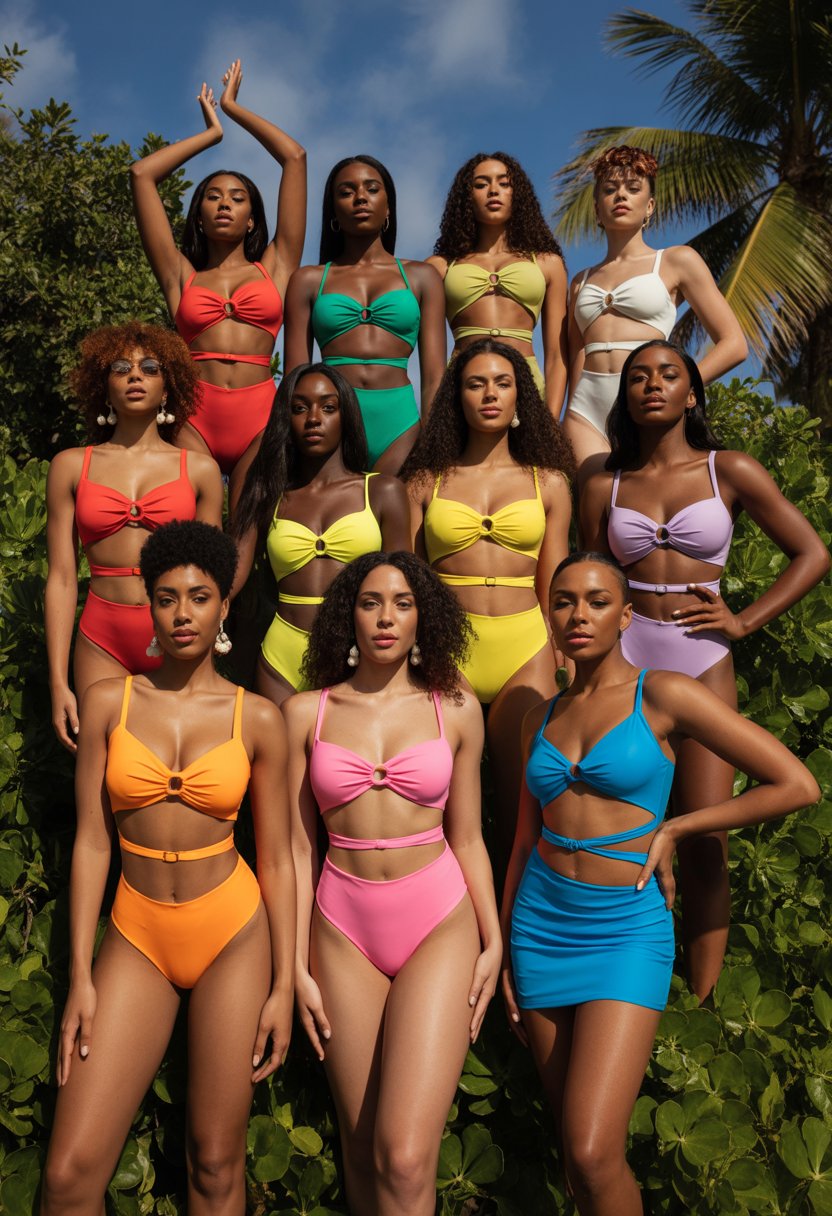 A group of Black women outdoors wearing colorful swimwear with cutouts, posing together in a tropical setting.