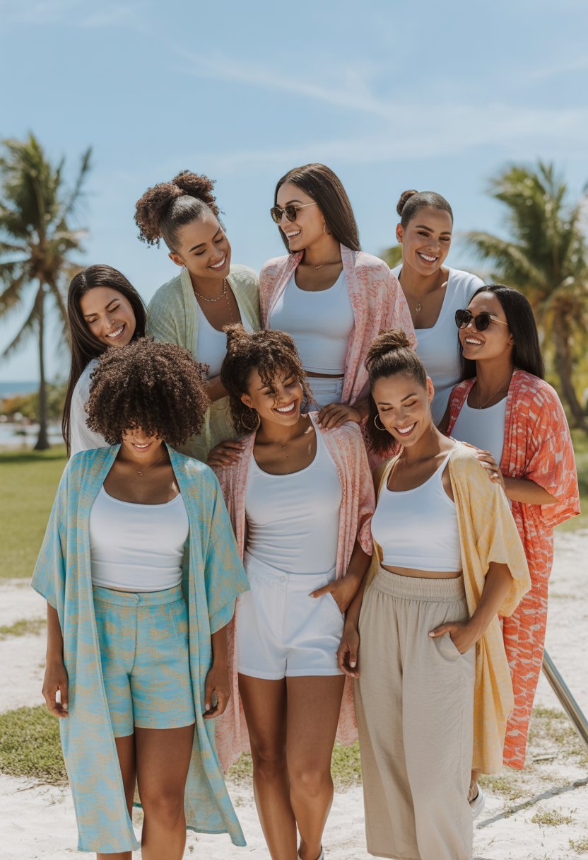 A group of Black women wearing lightweight kimonos over tank tops, posing outdoors in a sunny tropical setting.