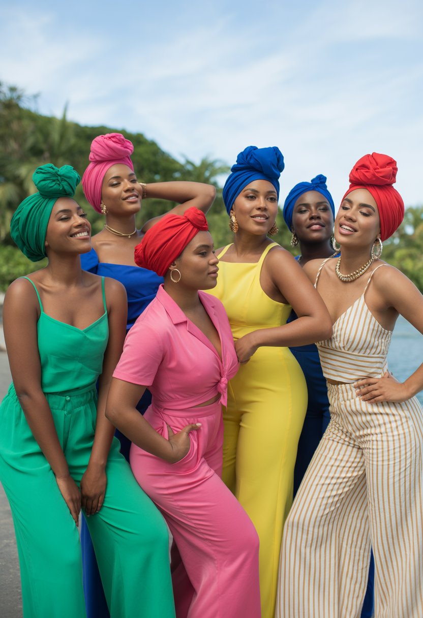 A group of Black women outdoors wearing colorful headwraps and stylish vacation outfits, smiling and posing together.