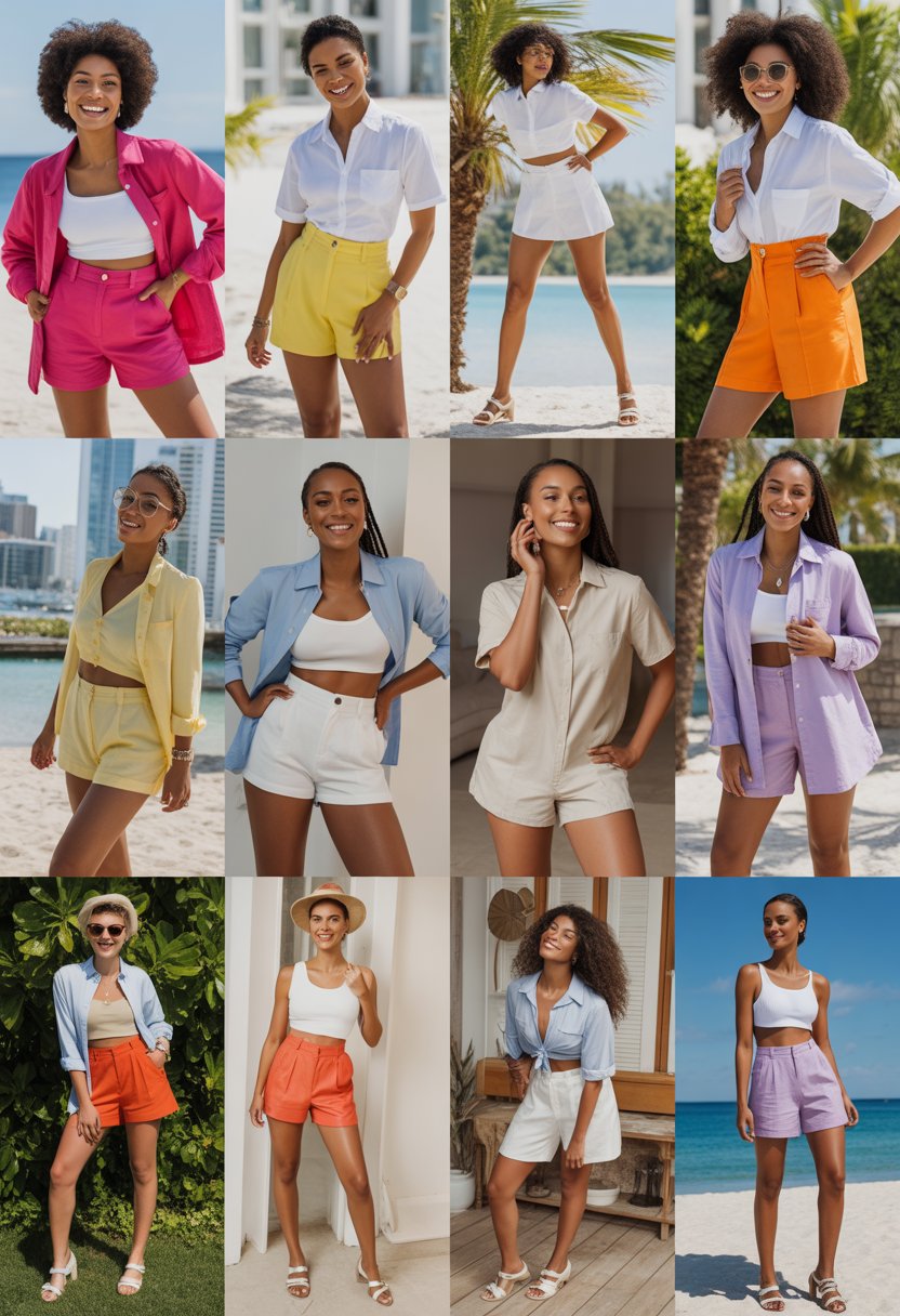 A group of Black women wearing matching tailored shorts and button-down shirts posing outdoors in various vacation settings.