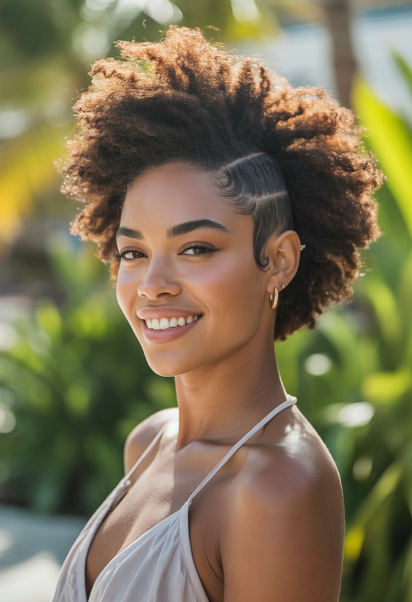 A Black woman outdoors with a natural afro and faded sides hairstyle, smiling in a sunny tropical setting.