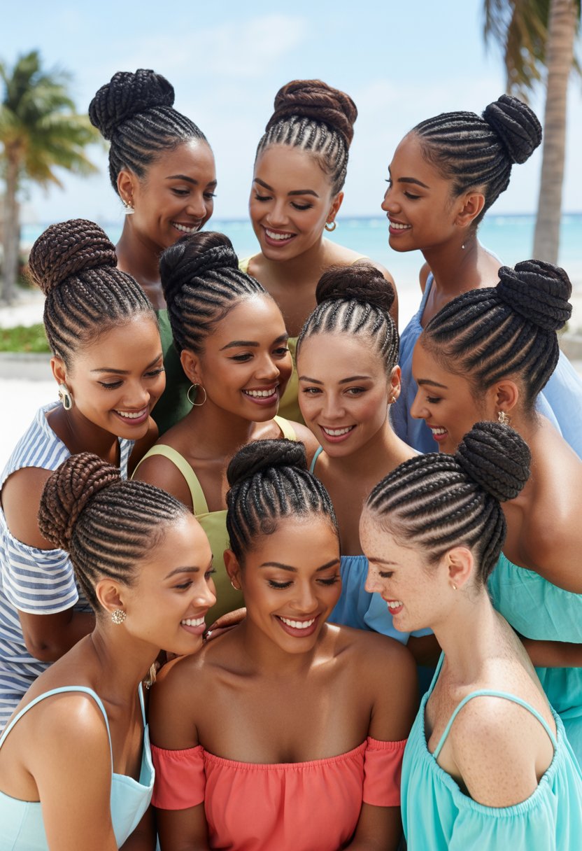 Ten Black women outdoors smiling and posing together, each with a different cornrow bun hairstyle, dressed in colorful summer clothes with a sunny tropical background.
