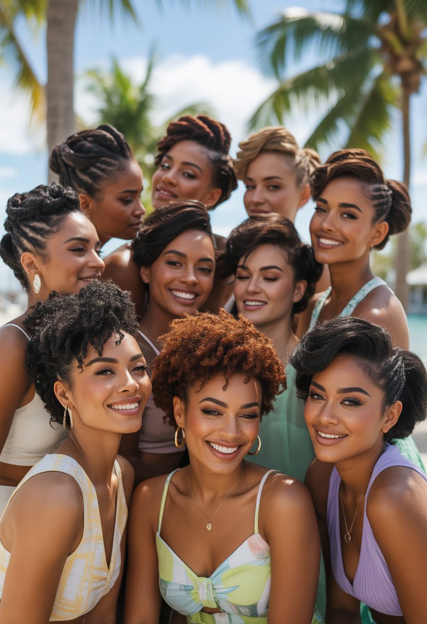 Ten Black women outdoors smiling and posing with elegant hairstyles in a sunny tropical setting.