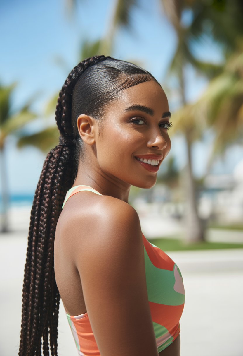 A Black woman outdoors smiling with a braided ponytail hairstyle and wearing summer clothing.