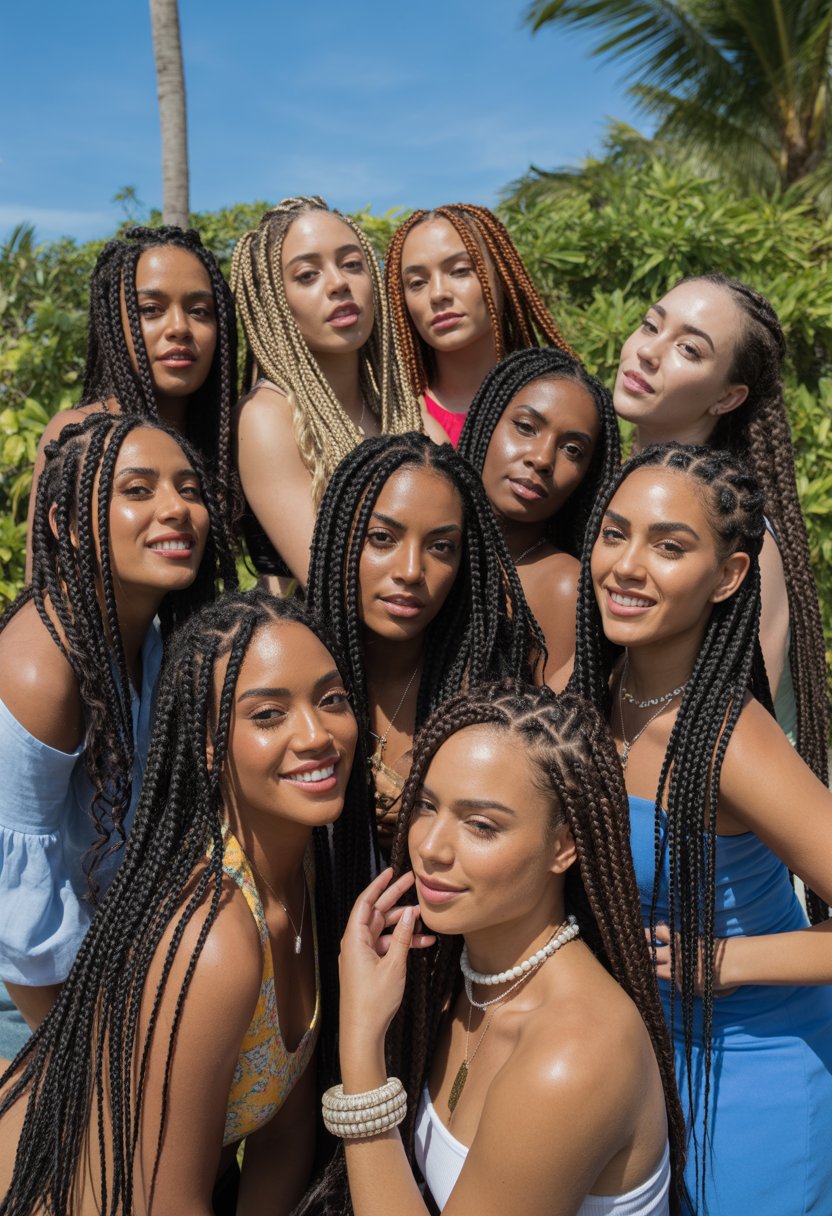 Ten Black women outdoors in a tropical setting, smiling and showing different box braid hairstyles.