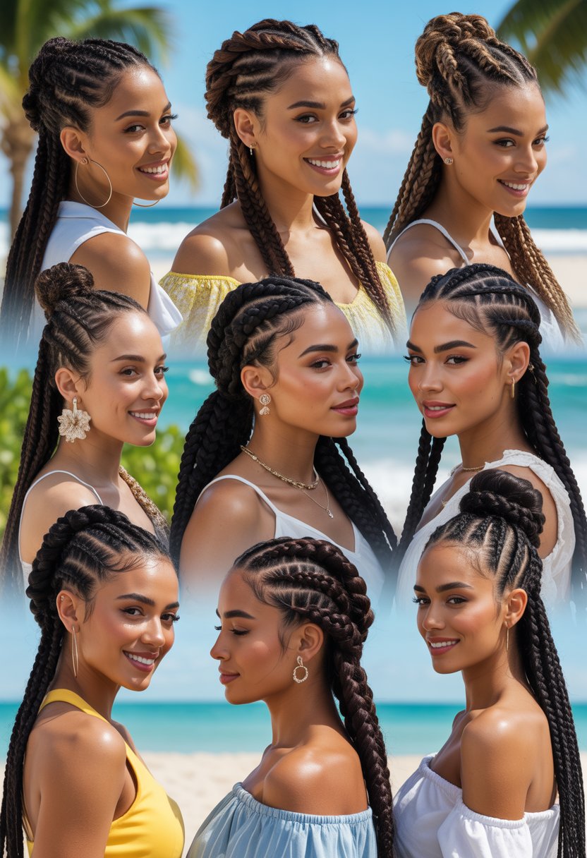 Ten Black women outdoors by the beach, each with a different braided hairstyle, smiling and enjoying a sunny day.