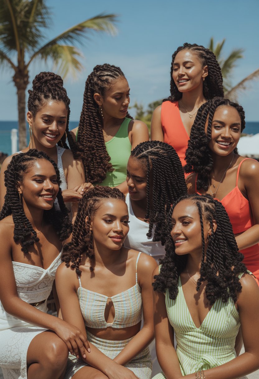 A group of ten Black women outdoors on vacation, smiling and showing their two-strand twist hairstyles.
