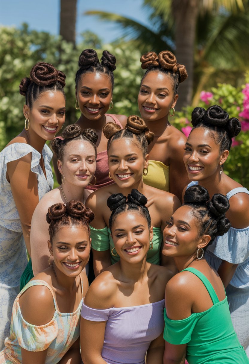 Ten Black women outdoors smiling and posing with various Bantu knot hairstyles in a sunny tropical garden.