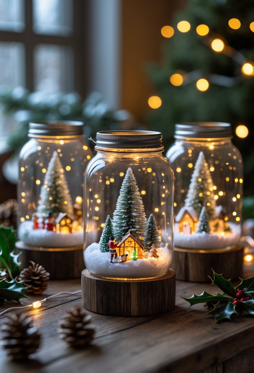 Mason jars decorated as snow globe lanterns with miniature Christmas scenes inside, glowing softly on a wooden table surrounded by holiday decorations.