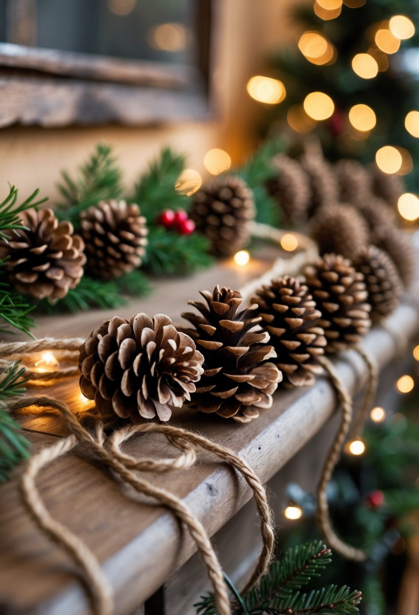 A pinecone garland tied with twine displayed on a wooden surface with holiday decorations in the background.