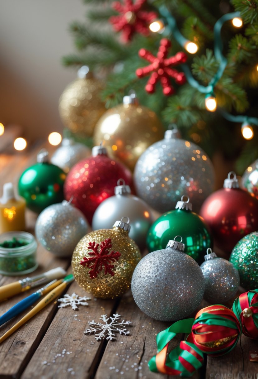 A collection of glittered Christmas ornaments made from dollar store materials arranged on a wooden table with crafting supplies and holiday decorations in the background.