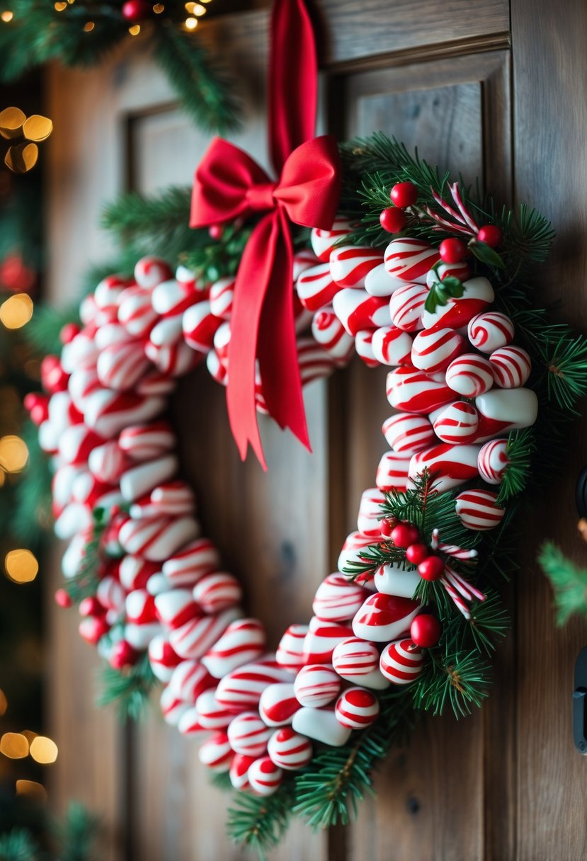 A heart-shaped wreath made of candy canes decorated with red berries, pine sprigs, and a red ribbon hanging on a wooden door.