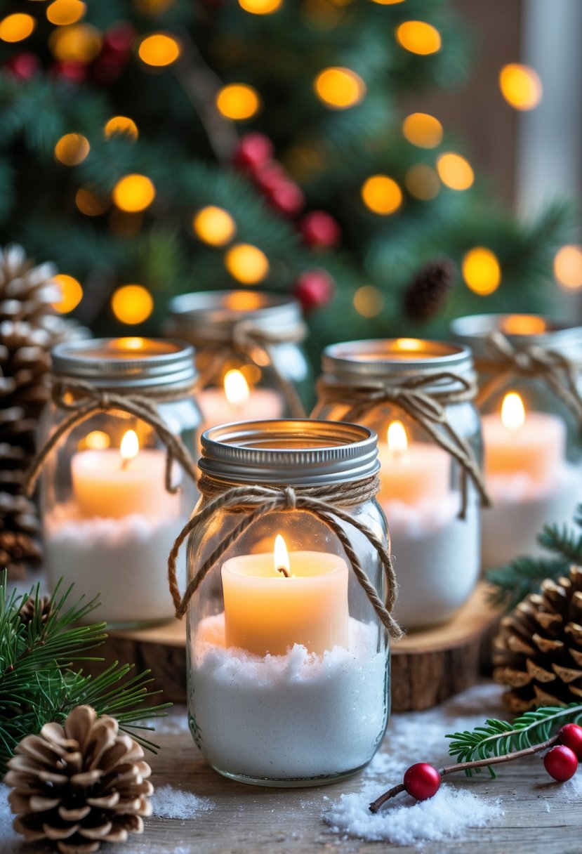 Mason jars filled with faux snow and lit candles, decorated with twine and pine sprigs, arranged on a wooden surface with pine cones and holiday greenery.