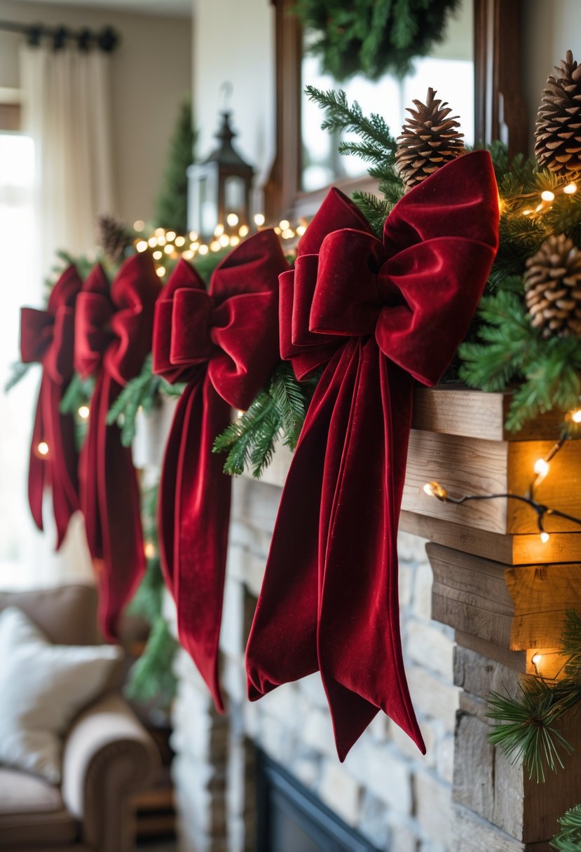 A Christmas garland with red velvet bows, pinecones, and greenery draped over a wooden mantelpiece with warm lights.