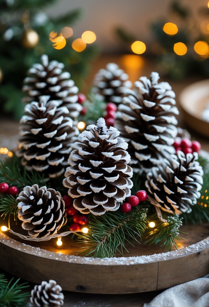 A Christmas centerpiece with snowy pinecones, evergreen branches, red berries, and warm fairy lights on a wooden tray.